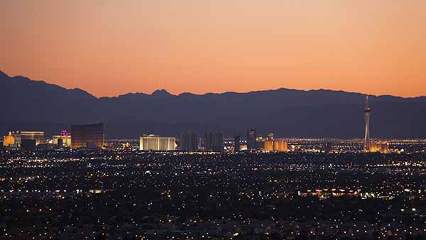 Nightlife in Las Vegas: City skyline at dusk