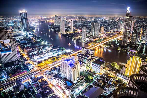 Nightlife in Bangkok: Aerial shot of the city at night