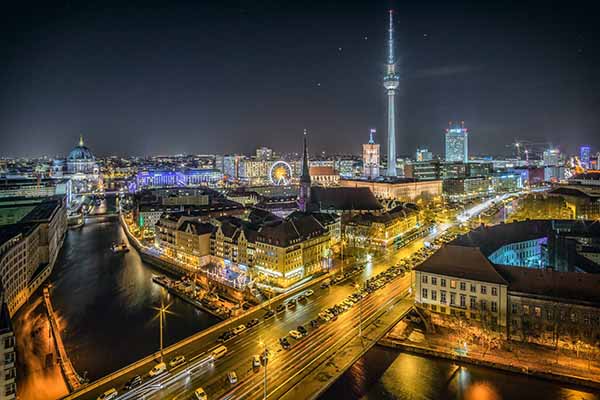 Nightlife in Berlin: Aerial shot of the city at night