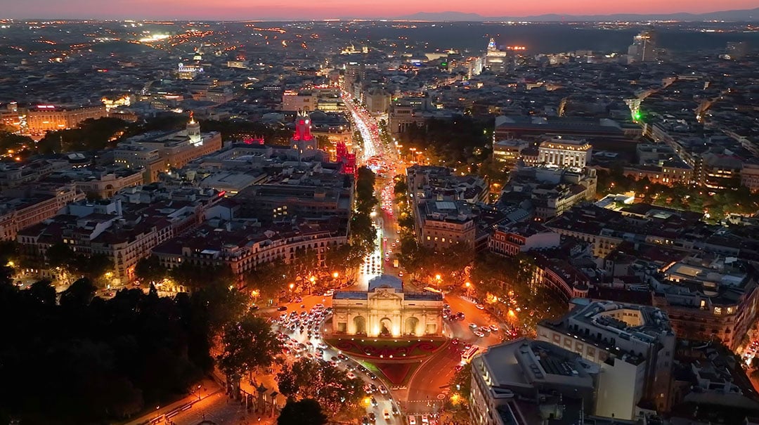 Aerial view of Puerta de Alcala, Parque de la independencia, Madrid, Spain madrid nightlife