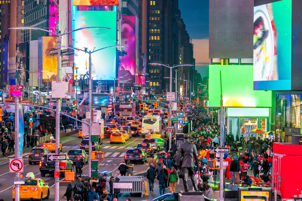 Times,Square,With,Neon,Art,And,Commerce,,An,Iconic,Street new york city street scene father's day trip
